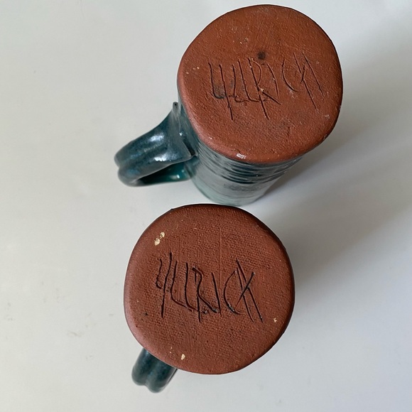 Hand made Pottery clay decorative Grove Green glaze set of 2 mugs, heavy - Picture 7 of 15